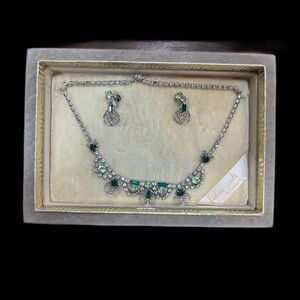 Vintage Leo Glass Fashion Jewelry Necklace and Earring Set in Factory container
